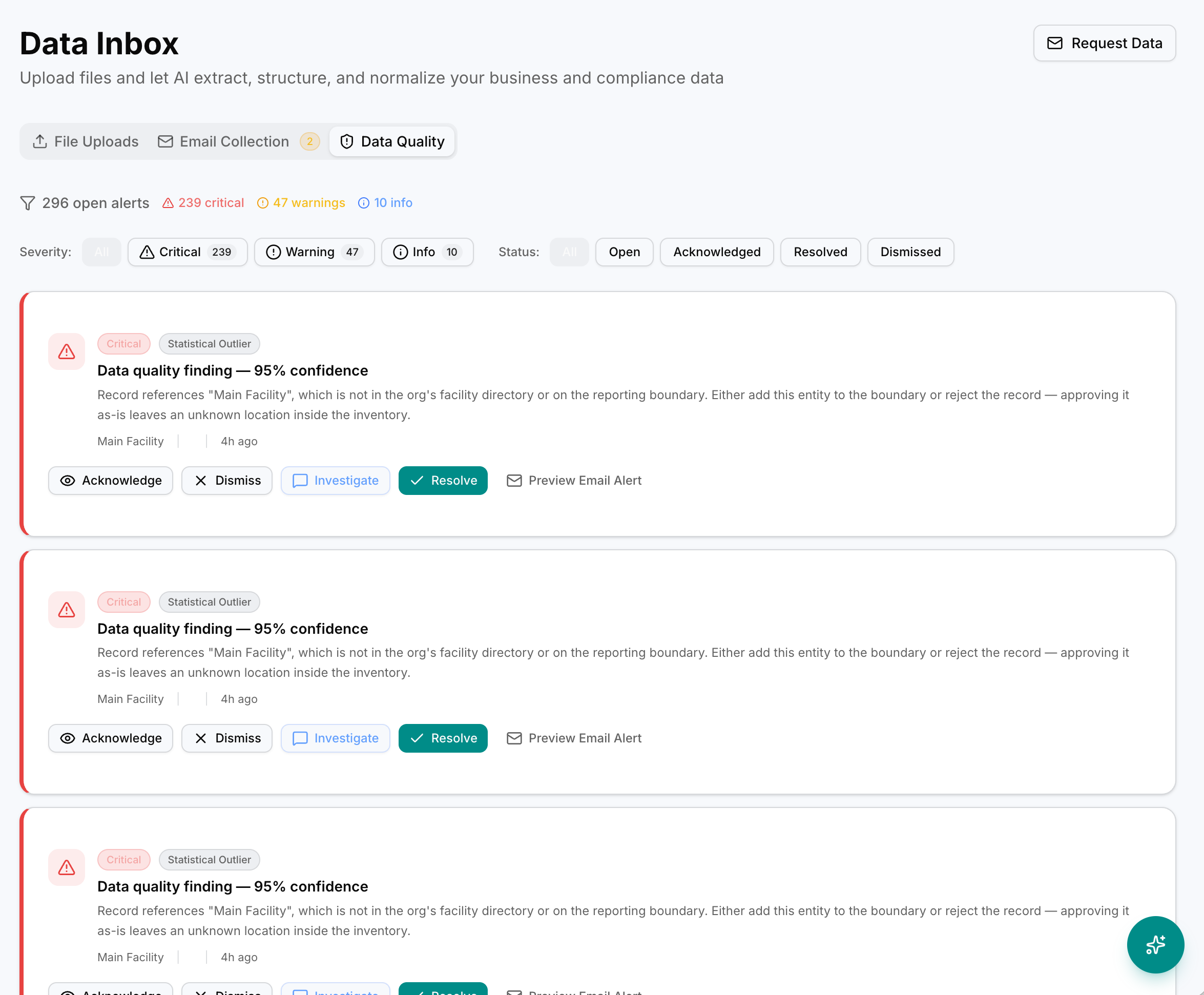 Hydrus Data Inbox showing 296 open data quality alerts with AI-powered statistical outlier detection and resolution workflow
