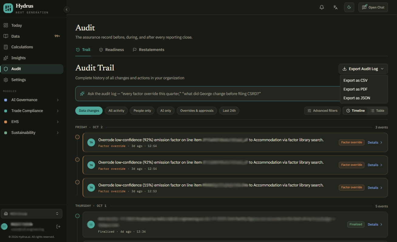 The Audit Trail tab, with the plain-language question box, the Data changes, All activity, People only, AI only, Overrides & approvals, and Last 24h filters, Advanced filters, and a timeline of factor override events grouped by day