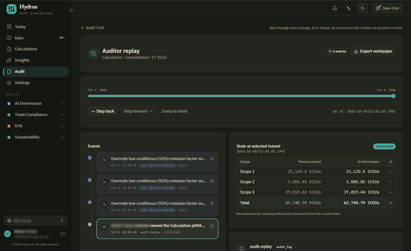 Replay for a calculation, with a timeline slider, Step back and Step forward controls, the list of events, and the Scope 1, 2, and 3 totals at the selected point in time compared with the previous event