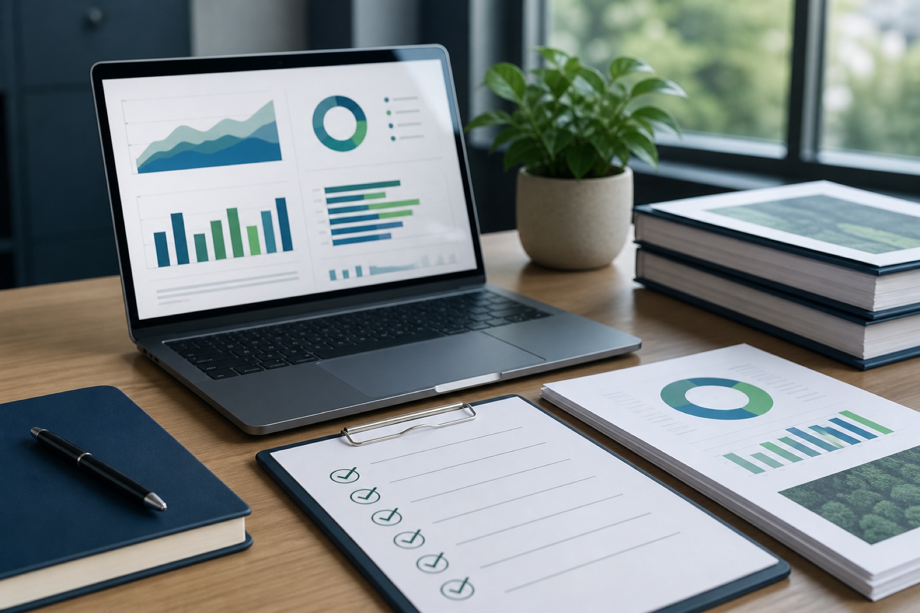 Environmental disclosure charts and a submission checklist on a professional desk