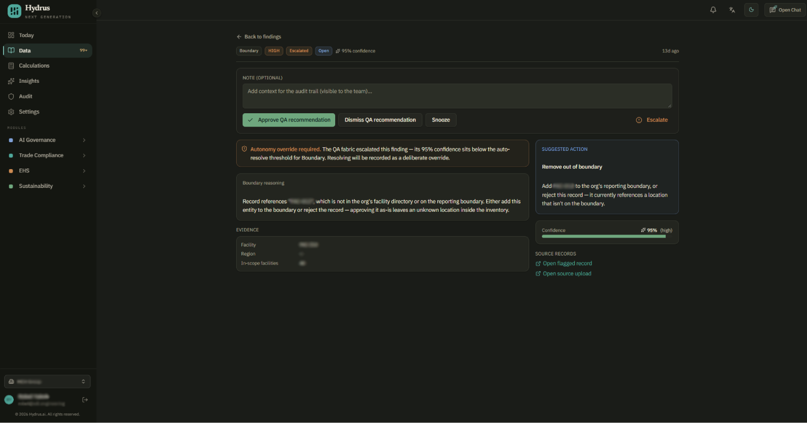 Finding details with evidence, a note field, decision buttons, and links to the record and source upload.