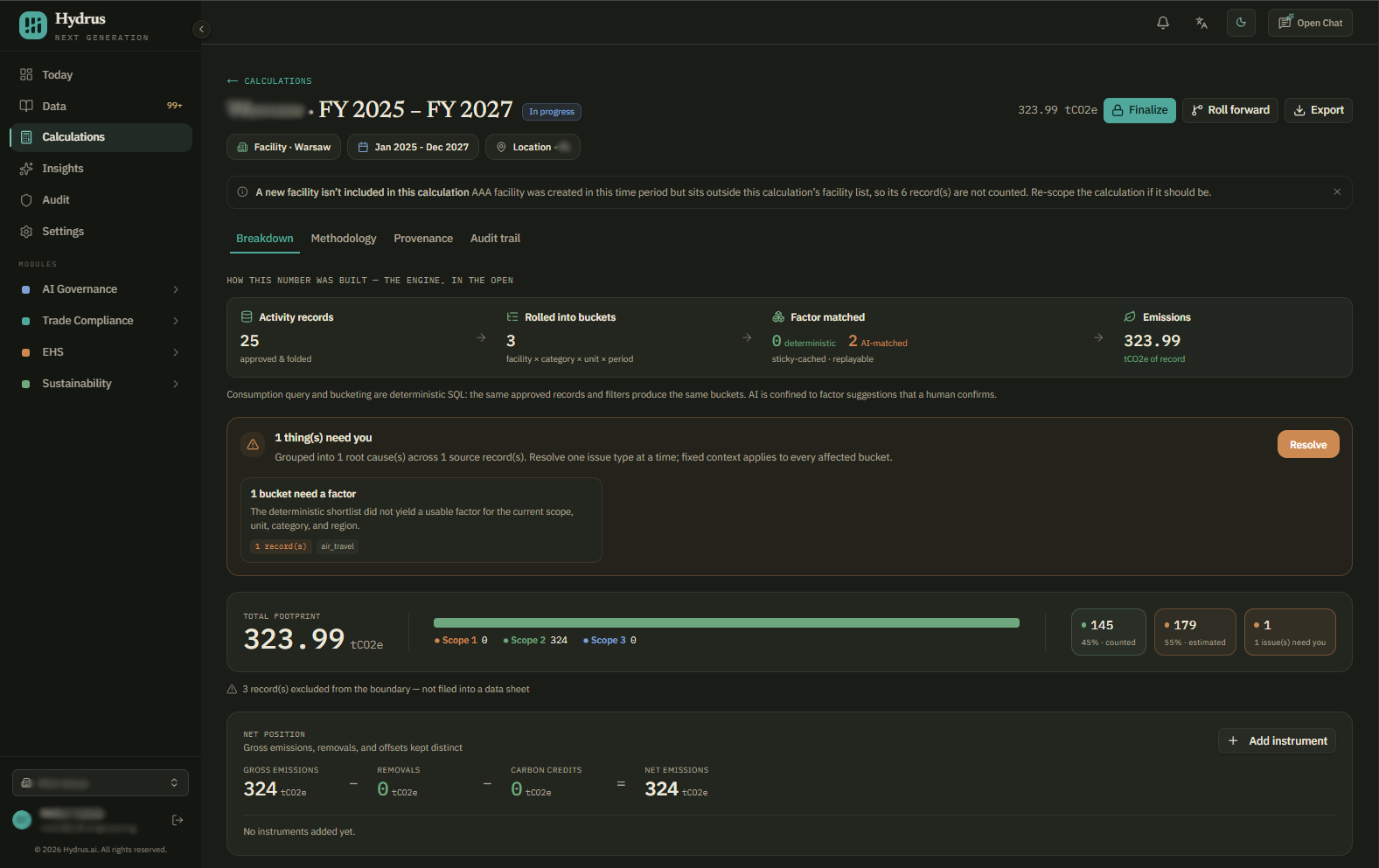 A calculation's Breakdown tab, showing how the number was built from activity records to emissions, an issue that needs a factor with the Resolve button, and the total footprint split into counted, estimated, and needs-you amounts
