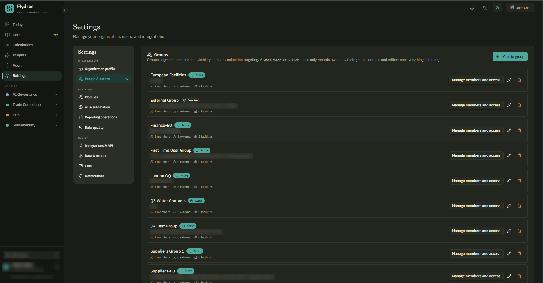Groups tab with each group's members, external contacts, facilities, and the Create group button