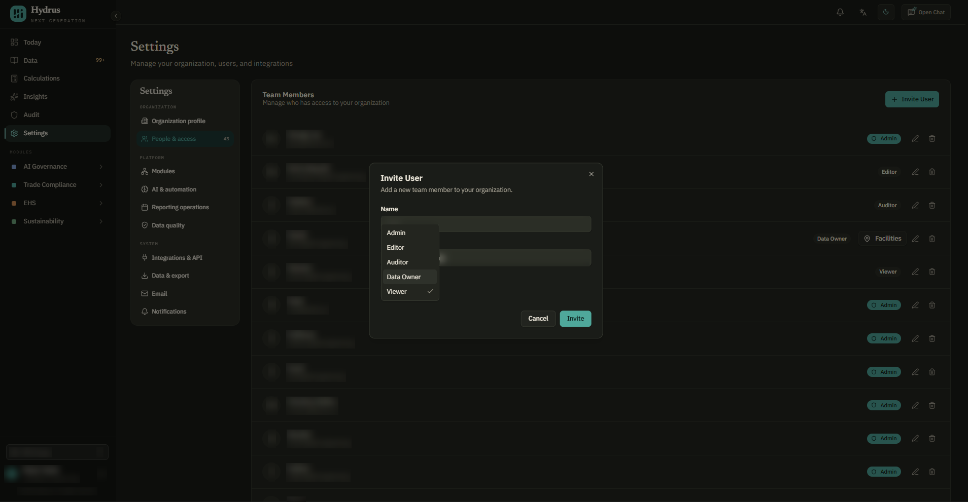 Invite User window with Name, Email, and the five role options